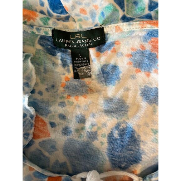 Lauren Jeans Ralph Lauren Cottagecore Bohochic Blue/Coral Ruffle Neckline Top L - Picture 2 of 4